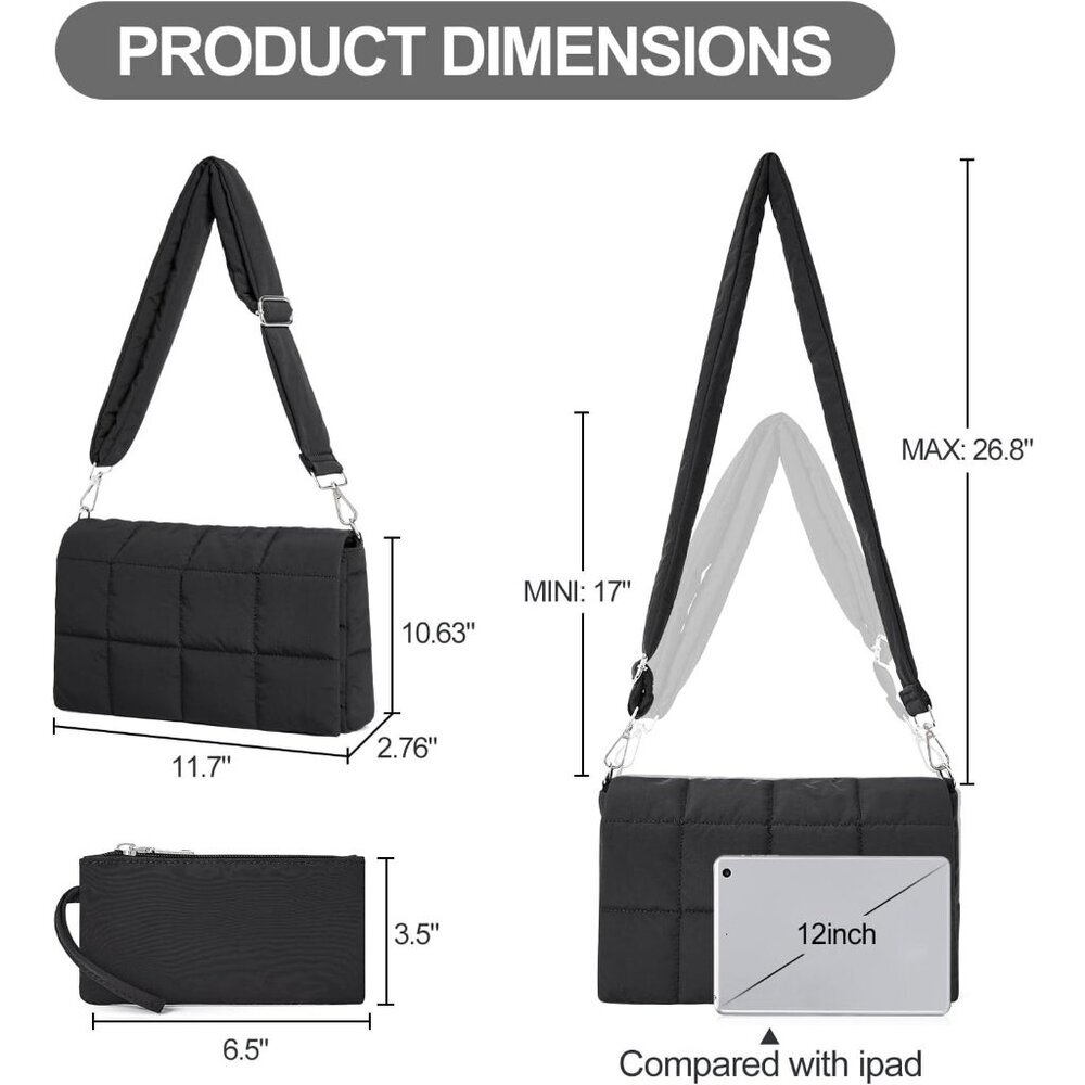 Women's Black Lightweight Cotton Padded Imported Puffer Shoulder Bag - Picture 4 of 7